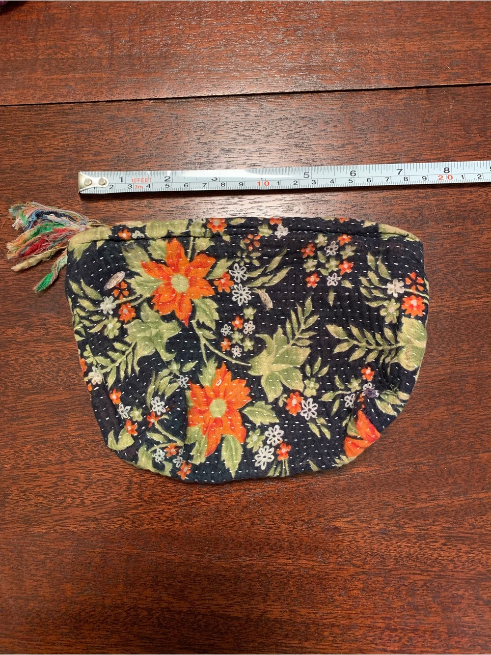 Floral Quilted Zip Pouch - Navy with Orange Flowers. Kantha Pouch (b)